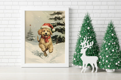 Christmas Vintage Puppy Running In Snow Wearing Santa Hat Art Print, Christmas Dog, Vintage Christmas Art, Christmas Art, Cute Puppy