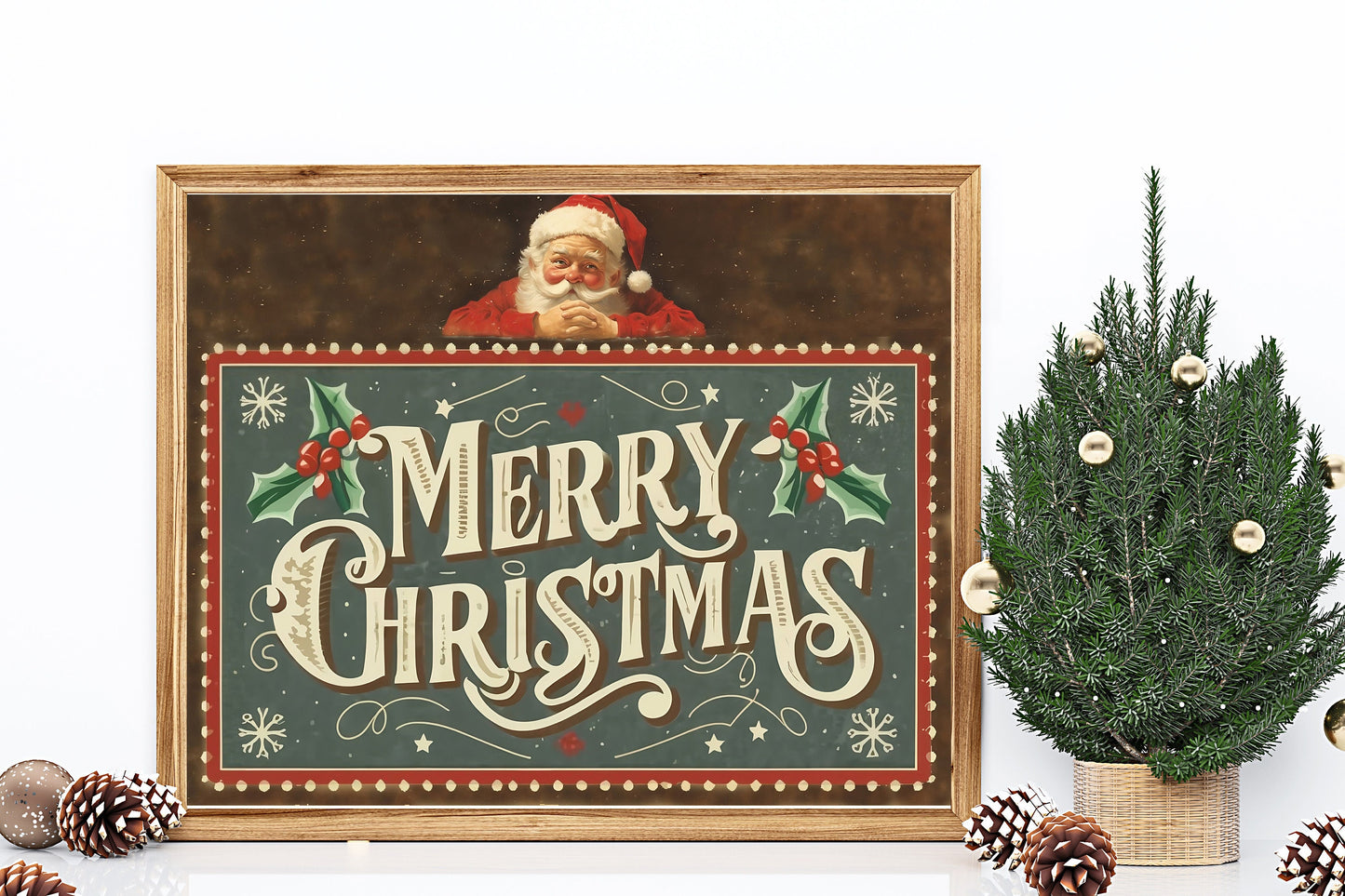 Christmas Vintage Santa with Merry Christmas Sign Art Print, Vintage Christmas, Santa Claus Art, Vintage Santa, Christmas Art