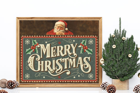 Christmas Vintage Santa with Merry Christmas Sign Art Print, Vintage Christmas, Santa Claus Art, Vintage Santa, Christmas Art