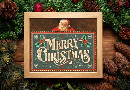 Christmas Vintage Santa with Merry Christmas Sign Art Print, Vintage Christmas, Santa Claus Art, Vintage Santa, Christmas Art