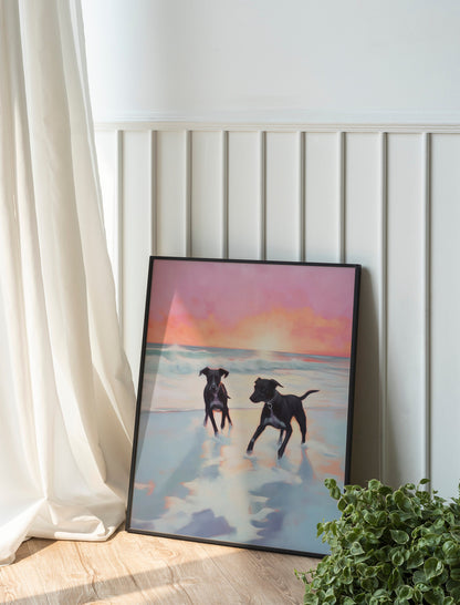 Dogs On The Beach Design Art Print of Black Labrador in The Sea Labrador Retriever Illustration Dog Lover Gift
