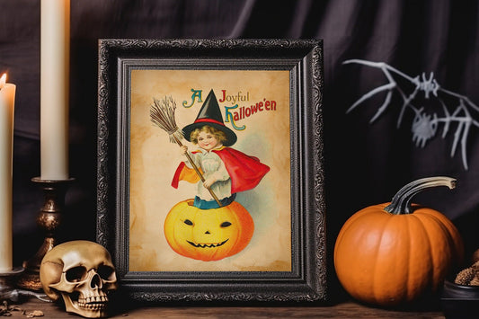 Halloween Vintage Young Girl Inside Pumpkin Art Print, Vintage Halloween, Vintage Halloween Illustration, Vintage Halloween
