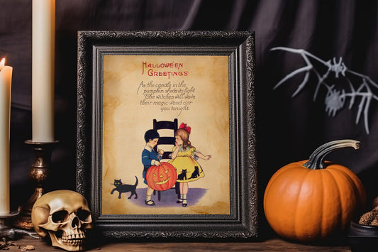 Halloween Vintage Young Boy and Girl With Black Cat Greetings Art Print, Vintage Halloween, Vintage Halloween Illustration