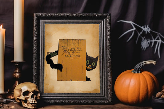 Halloween Vintage Black Cat with Halloween Rhyme Art Print, Vintage Halloween, Halloween Cat Art, Black Cat, Halloween Vintage Illustration