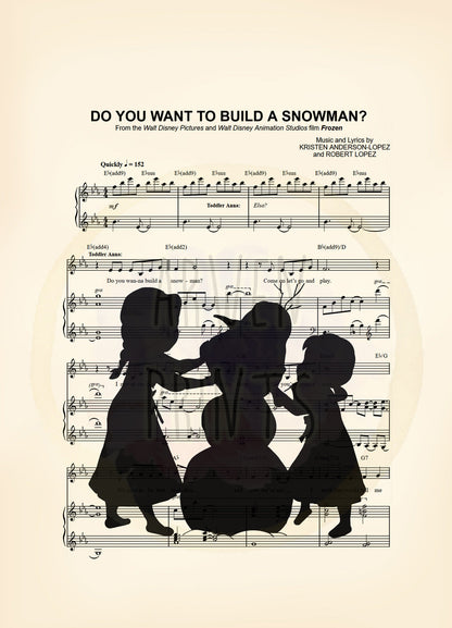 Frozen Anna and Elsa Building Olaf Do You Want To Build A Snowman? Silhouette Sheet Musc Art Print