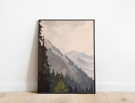 Forest and Mountains Art Print, Vintage Plant Art, Vintage Garden Art, Tree and Mountains Art, Nature Wall Decor