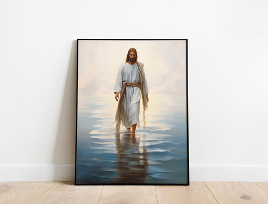 Jesus Walking On Water, Easter Christian Boho Art Print, Religious Art