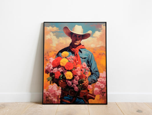 Cowboy Giving Flowers Country Art Print