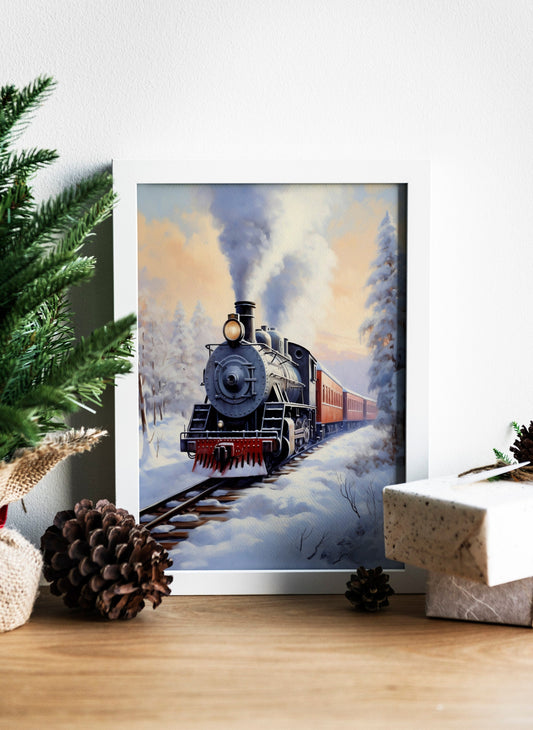 Christmas Train Vintage Winter Illustration Art Print, Christmas Home Decor, Christmas, Snowy Scene, White Christmas, Vintage Art