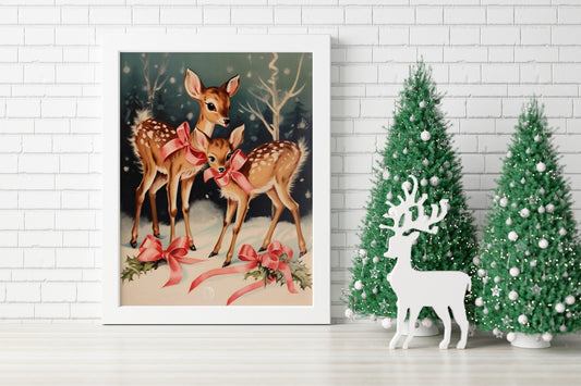 Two Deer In The Snow Illustration Art Print, Deers Art, Deers Boho Art, Animal Art, Colorful Art, Boho, Christmas Deers