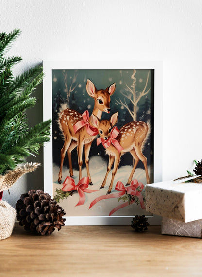Two Deer In The Snow Illustration Art Print, Deers Art, Deers Boho Art, Animal Art, Colorful Art, Boho, Christmas Deers