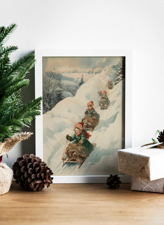 Christmas Children On A Sled Illustration Art Print, Vintage Christmas, Vintage Illustration, Merry Christmas, Christmas Decor