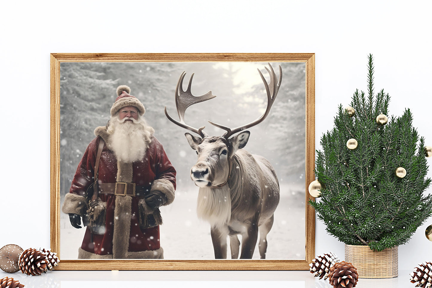 Christmas Vintage Santa and Rudolph Art Print