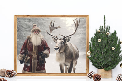 Christmas Vintage Santa and Rudolph Art Print
