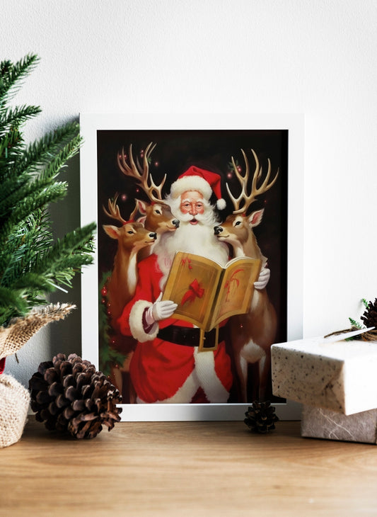 Christmas Vintage Santa Reading A Book To His Reindeer Art Print, Vintage Christmas, Santa Claus is Coming to Town, Vintage Santa