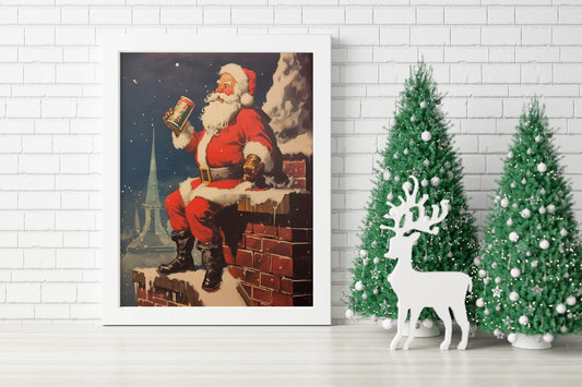Christmas Vintage Santa Claus On Chimney Art Print, Vintage Christmas, Classic Christmas, Christmas Santa, Vintage Santa, Santa Illustration