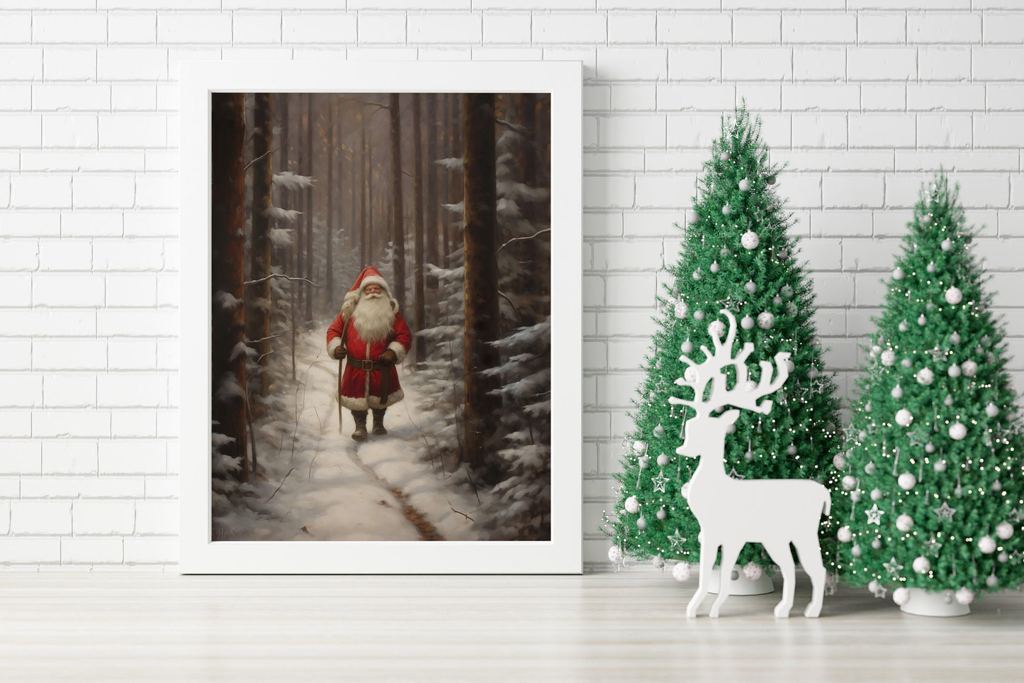 Christmas Vintage Santa Claus Walking In Forest Art Print, Vintage Christmas, Christmas Santa, Vintage Santa, Santa Illustration