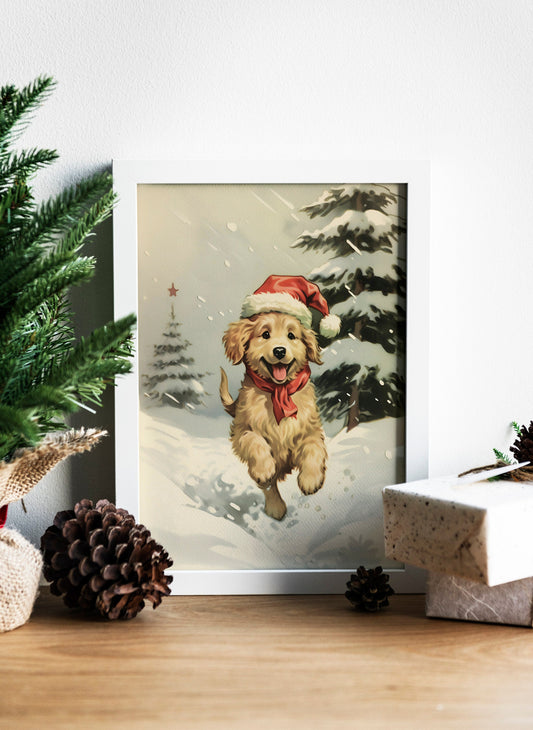 Christmas Vintage Puppy Running In Snow Wearing Santa Hat Art Print, Christmas Dog, Vintage Christmas Art, Christmas Art, Cute Puppy