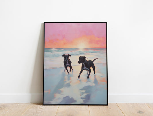 Dogs On The Beach Design Art Print of Black Labrador in The Sea Labrador Retriever Illustration Dog Lover Gift