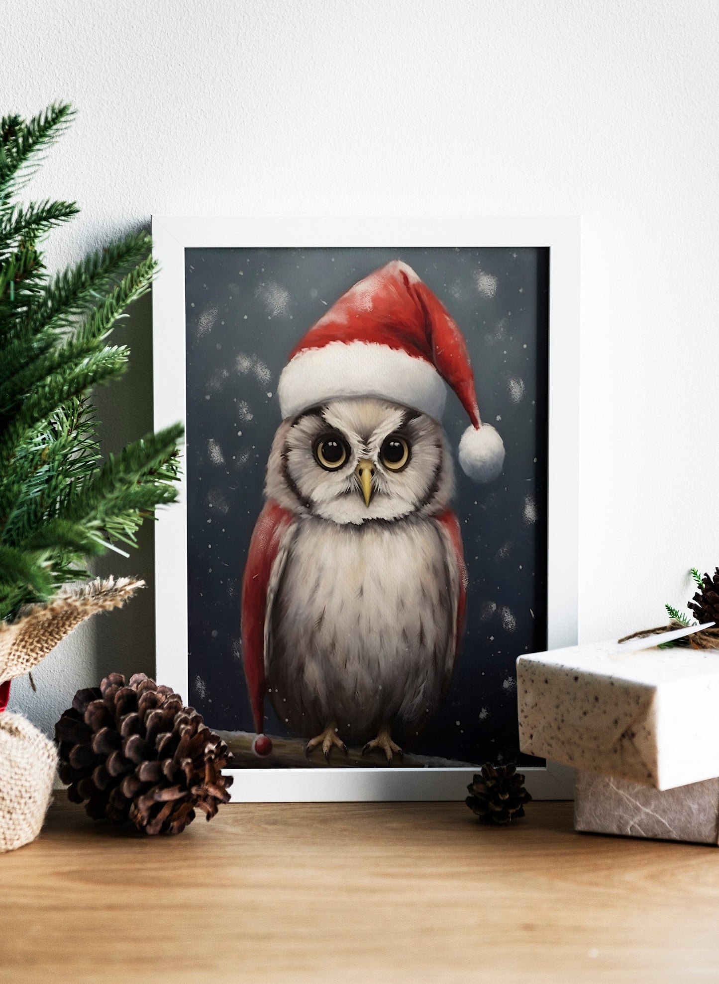 Owl Wearing Santa Hat Illustration Art Print, Owl Art, Owl Boho Art, Animal Art, Colorful Art, Boho, Christmas Owl