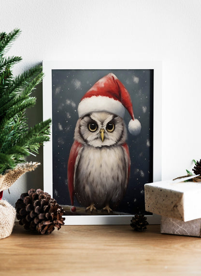 Owl Wearing Santa Hat Illustration Art Print, Owl Art, Owl Boho Art, Animal Art, Colorful Art, Boho, Christmas Owl