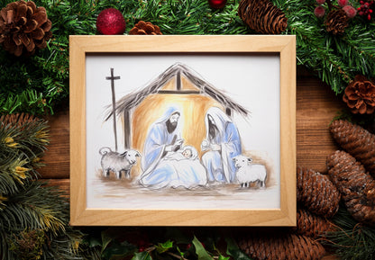 Christmas Nativity Birth of Jesus Art, Mary Joseph and Baby Jesus, Christian Christmas, Christmas Art Print