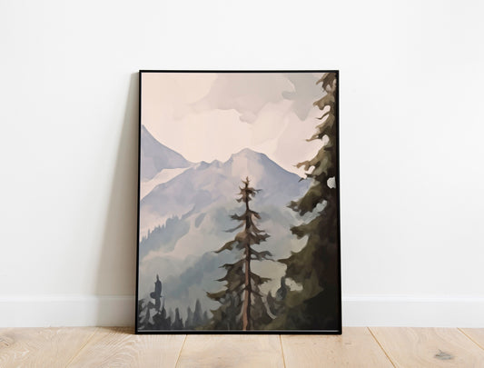 Forest and Mountains Art Print, Vintage Plant Art, Vintage Garden Art, Tree and Mountains Art, Nature Wall Decor