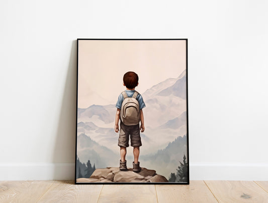 Boy Standing On Mountain In Forest Art Print, Vintage Plant Art, Vintage Garden Art, Tree and Mountains Art, Nature Wall Decor
