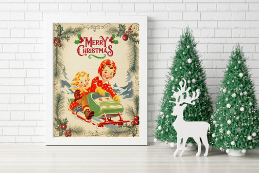 Christmas Children On A Sled Illustration Art Print, Vintage Christmas, Vintage Illustration, Merry Christmas, Christmas Decor