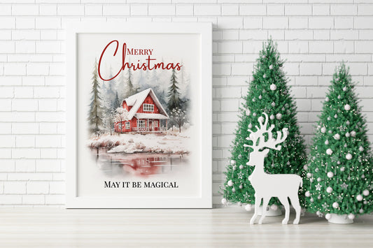 Christmas Vintage Winter Snow Home Illustration Art Print, Christmas Home Decor, Christmas House, Snowy House, White Christmas, Vintage Art