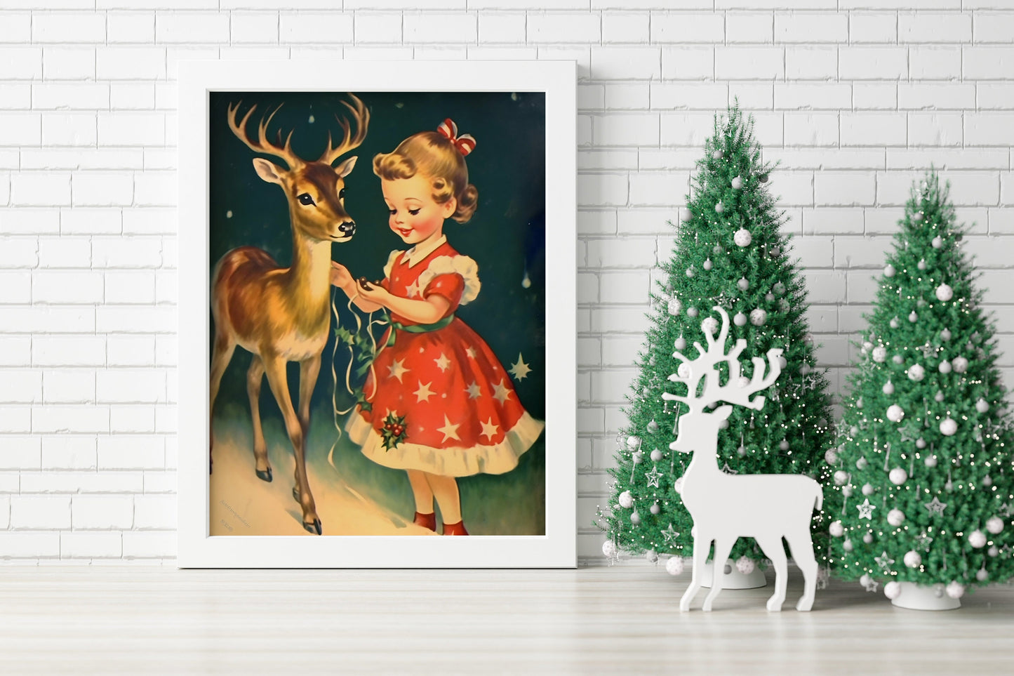Christmas Vintage Young Girl With a Deer Illustration Art Print, Vintage Christmas, Vintage Christmas Illustration, Christmas Art
