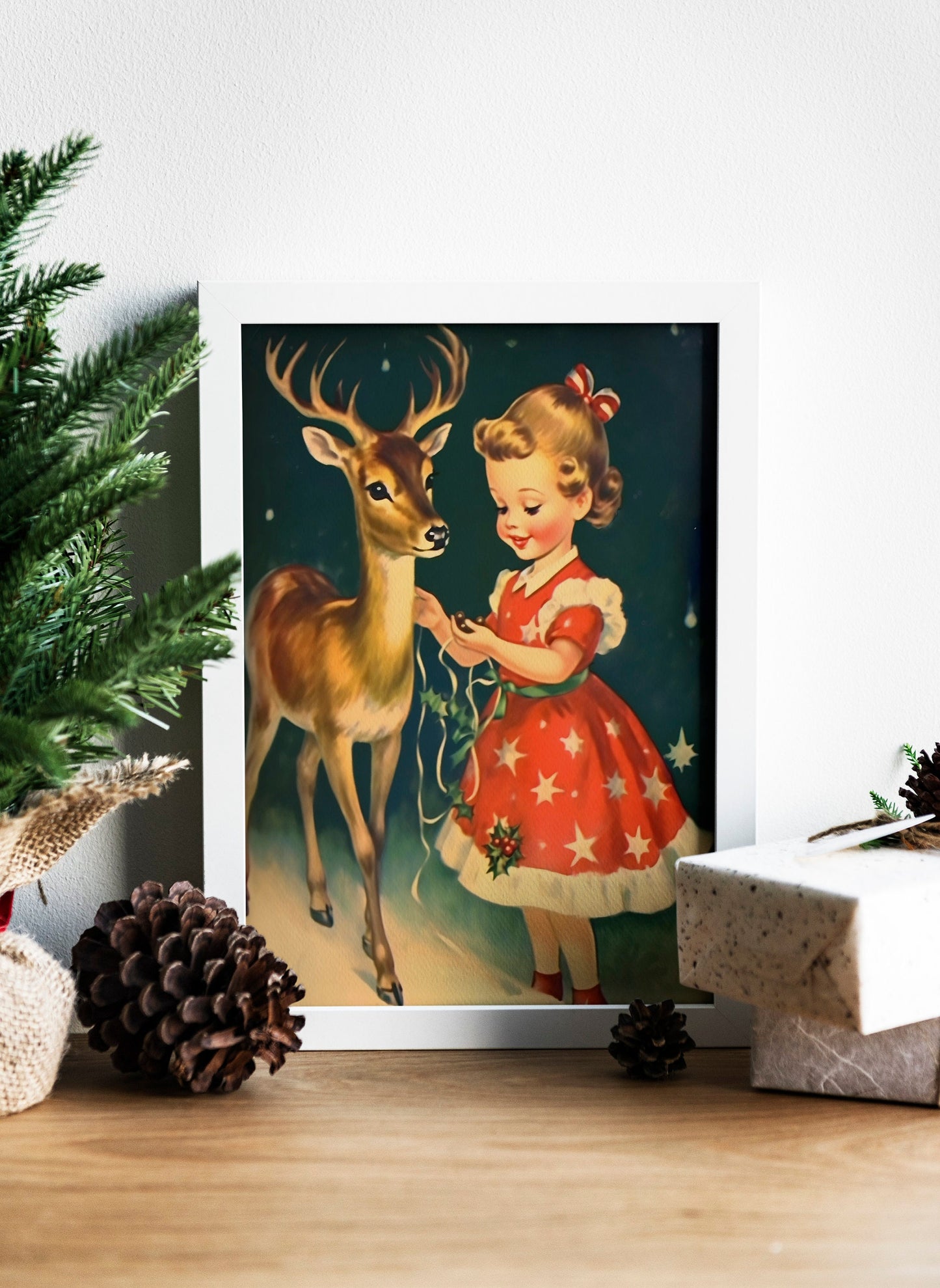 Christmas Vintage Young Girl With a Deer Illustration Art Print, Vintage Christmas, Vintage Christmas Illustration, Christmas Art