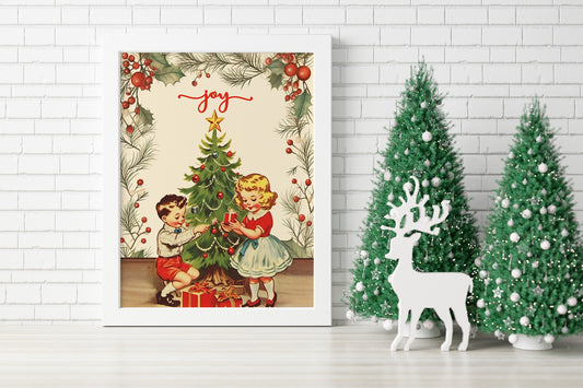 Christmas Children Decorating Tree Illustration Art Print, Vintage Christmas, Vintage Illustrations, Merry Christmas, Christmas Decor