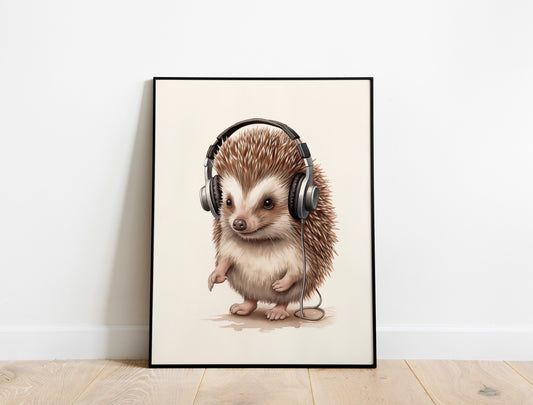 Hedgehog Listening To Music Illustration Art Print, Hedgehog Boho Art, Animal Nursery Art, Nursery Decor, Boho, Hedgehog Art