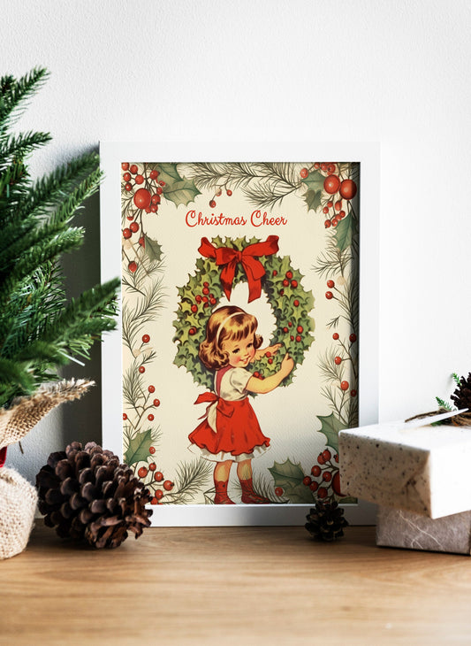 Christmas Little Girl Decorating Wreath Illustration Art Print, Vintage Christmas, Vintage Illustrations, Merry Christmas, Christmas Decor