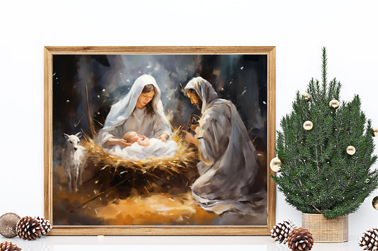 Christmas Nativity Birth of Jesus Art, Mary Joseph and Baby Jesus, Christian Christmas, Christmas Art Print