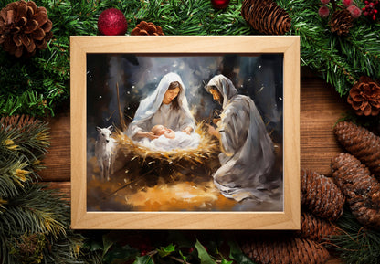 Christmas Nativity Birth of Jesus Art, Mary Joseph and Baby Jesus, Christian Christmas, Christmas Art Print