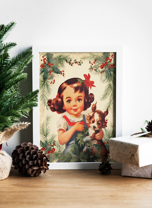 Christmas Vintage Young Girl With a Dog Illustration Art Print, Vintage Christmas, Vintage Christmas Illustration, Christmas Art