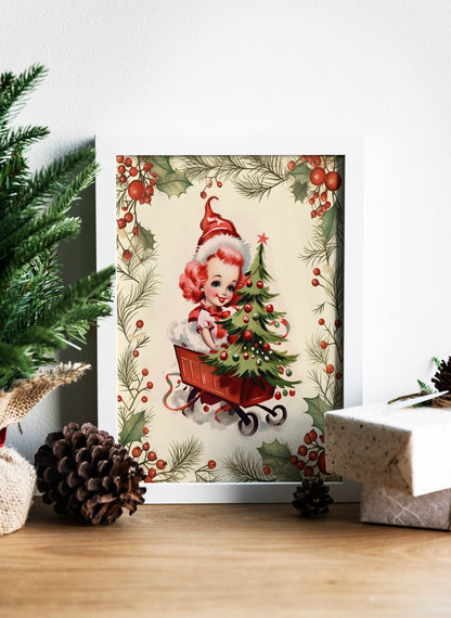 Christmas Vintage Girl Carrying Christmas Tree Illustration Art Print, Vintage Christmas, Vintage Christmas Illustration, Christmas Art
