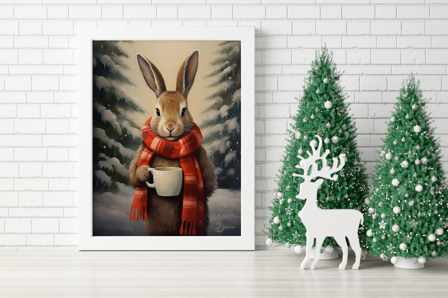 Funny Christmas Bunny Illustration Art Print, Bunny Art, Bunny Boho Art, Animal Art, Colorful Art, Boho, Christmas Bunny