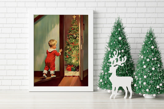 Christmas Vintage Little Boy And Christmas Tree Illustration Art Print, Vintage Christmas, Vintage Christmas Illustration, Christmas