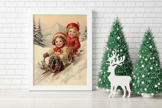 Christmas Children On A Sled Illustration Art Print, Vintage Christmas, Vintage Illustration, Merry Christmas, Christmas Decor