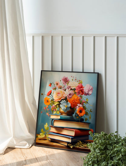 Vintage Flowers and Books Art Print, Vintage Flower Art, Vintage Garden Art, Flower Print, Butterfly Art, Book Art