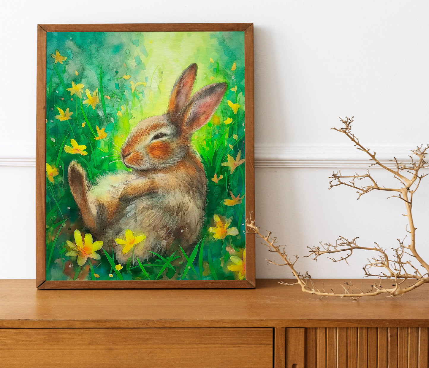 Happy Easter Bunny In The Grass Boho Art Print, Bunny Art, Easter Art, Wall Decor, Bunny Wall Decor, Easter Wall Decor