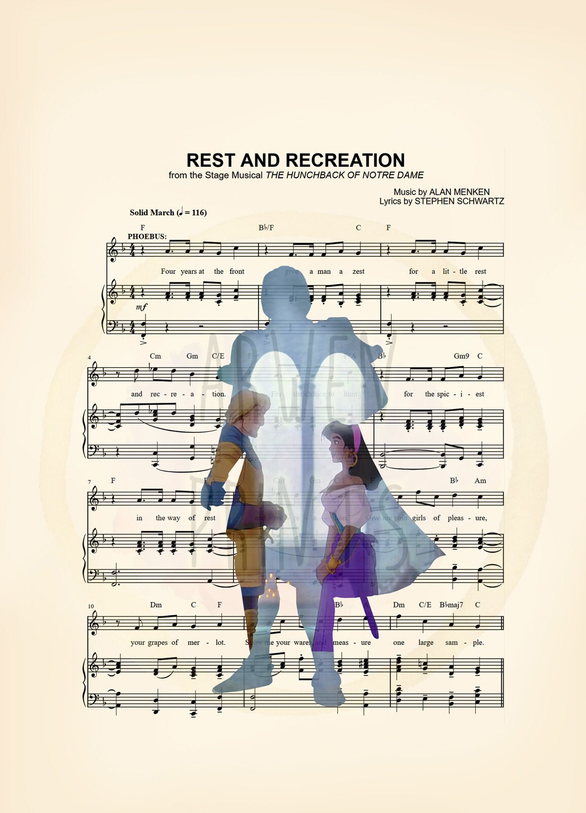 Hunchback of Notre Dame Phoebus Silhouette Rest and Recreation Sheet Music Art Print