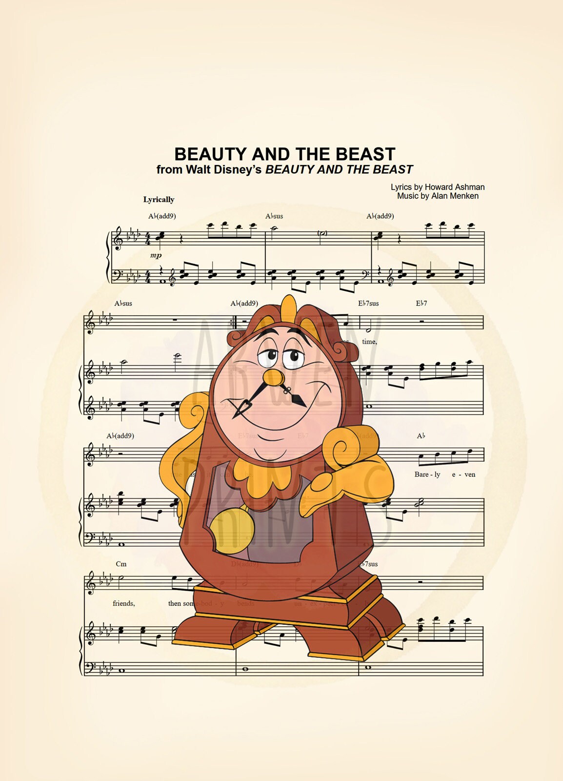 Beauty and the Beast Cogsworth Sheet Music Art Print