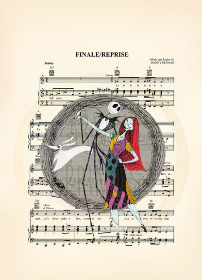 Nightmare Before Christmas Jack Sally and Zero Sheet Music Art Print