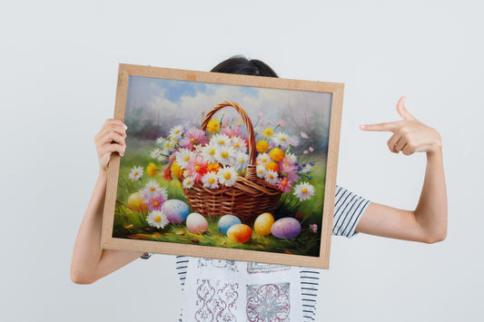 Easter Colorful Eggs And Flowers In Basket Boho Art Print, Bunny Art, Easter Art, Wall Decor, Easter Wall Decor