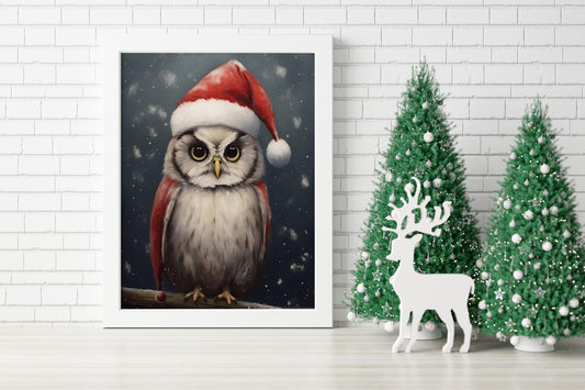 Owl Wearing Santa Hat Illustration Art Print, Owl Art, Owl Boho Art, Animal Art, Colorful Art, Boho, Christmas Owl