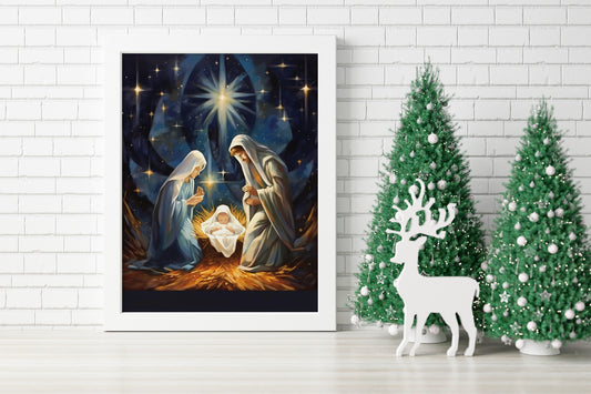 Christmas Nativity Birth of Jesus Art, Mary Joseph and Baby Jesus, Christian Christmas, Christmas Art Print